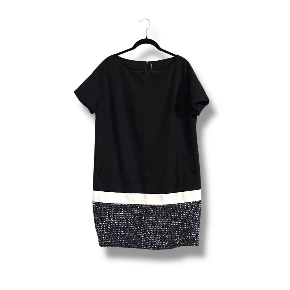 W118 By Walter Baker Short Sleeve Black Wool Blue Tweed Hem Dress Med Retro